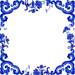 blue floral vine porcelain vase, chinese porcelain, hand-drawn watercolor painting frame design