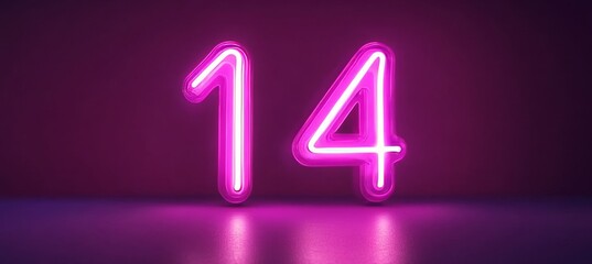 Neon Number 14, Fourteen, Glowing Purple Neon Light on a Dark Background, 3D Rendering