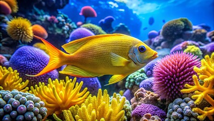 Naklejka premium A vibrant yellow fish with a blue eye swims through a colorful reef, surrounded by pink, purple, and yellow coral