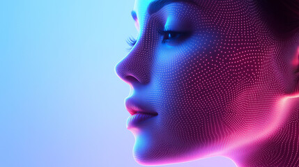 Futuristic digital face portrait, Neon light technology on human profile. Futuristic beauty device concept with digital facial mapping. close-up. Cosmetic shot, beauty industry advertising photo.