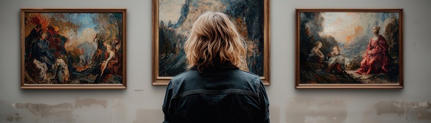 Woman with Blonde Hair Observing Art Gallery