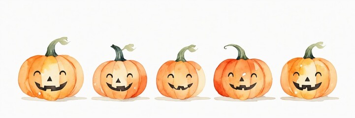 Five smiling watercolor pumpkins arranged in a row