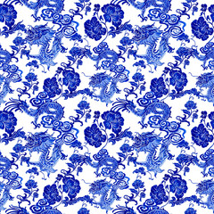 classic chinese porcelain motifs, hand-drawn watercolor painting pattern seamless design