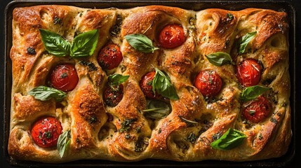 Artistic Top View of Beautifully Baked Focaccia Bread