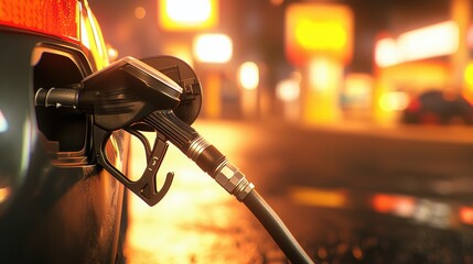 Obraz premium Close-Up: Fuel Nozzle Refueling Car at Well-Lit Gas Station