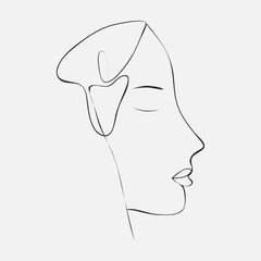 Beautiful woman's face with a flower. One line drawing. Vector illustration for logo, emblem, print, tattoo, poster or postcard.