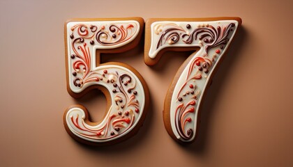 Decorated cookie, number 57, illustration for birthday or anniversary celebration