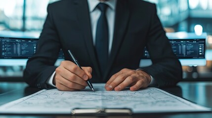 A business professional analyzes documents while writing, with digital screens displaying data in the background, indicating a modern work environment.