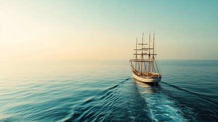 A sailing ship is gliding over a calm sea under a clear sky, leaving a trail behind on the water. The sunlight gently illuminates the horizon, creating a sense of peace and vastness