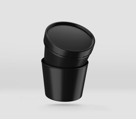 Realistic Black Yogurt Cup Mockup, Plastic Container, Ice Cream Cup Mockup, Dairy Products, Cream, Tin, Isolated on Light Background, 3d rendered, Illustration.