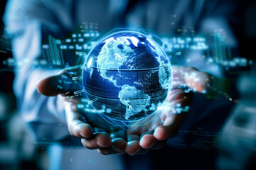 Businessman with digital globe and graph, finance trading stock in office.