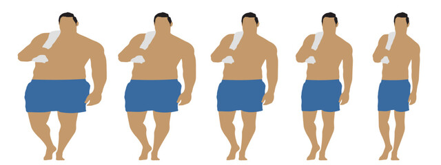 Conceptual fat overweight obese man vs slim fit healthy body after weight loss or diet, white background banner. A  fitness, nutrition or obesity, health care shape illustration vector as silhouettes