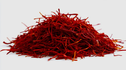 Fototapeta premium A close-up of freshly picked saffron threads delicately placed in a small pile, isolated on a white background