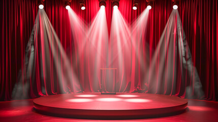 Theatre or stand up comedy stage with spotlights, podium and red curtain.