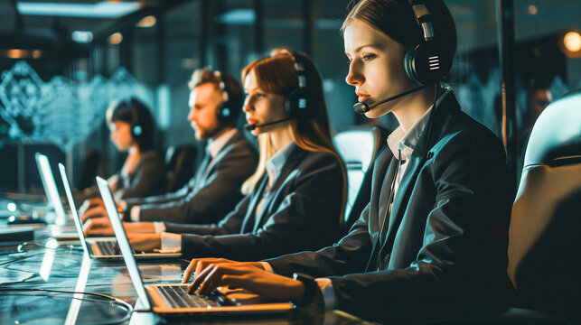 Group of call center working support customer care in global network at offkce.