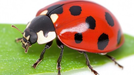 Naklejka premium Closeup Ladybug on Green Leaf Red and Black Insect Nature Macro Photography