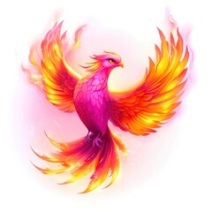 Obraz premium Vibrant, mythical phoenix with fiery plumage soaring gracefully against a white background.