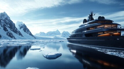 A stunning image of a luxurious yacht anchored in a tranquil, icy seascape, surrounded by majestic...