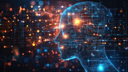 Thinking with an abstract digital representation of the human brain, symbolizing artificial intelligence, machine learning, and advanced technology. Perfect for concepts of cognitive computing.