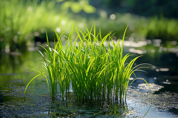 Obraz premium Green grass growing vigorously in a tranquil pond during daylight
