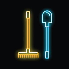 Glowing neon line garden rake and shovel icon isolated on black background. Symbol of gardening, agriculture, village, plant. Vector illustration