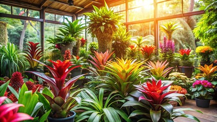 Obraz premium Vibrant Bromeliads Flourish in a Sunlit Greenhouse, Creating a Lush and Colorful Tapestry of Nature