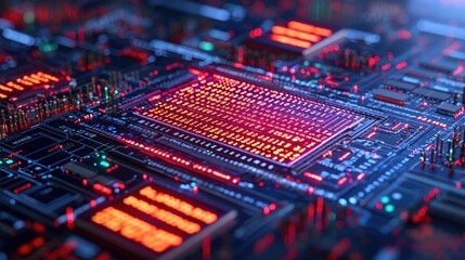 Obraz premium A close-up view of a futuristic circuit board with vibrant red and blue LED lights illuminating its intricate pathways.