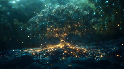 Obraz premium Digital Tree with Glowing Network Connection - Abstract Concept of Technology, Growth, and Communication.