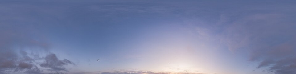 360 panorama of glowing sunset sky with bright pink Cirrus clouds. HDR 360 seamless spherical panorama. Full zenith or sky dome sky replacement for aerial drone panoramas. Climate and weather change.