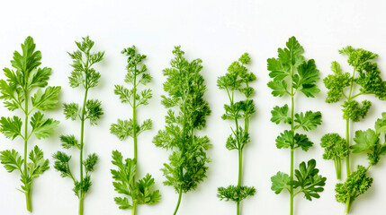 A collection of fresh chervil leaves with their delicate, lace-like structure, laid out on a white background