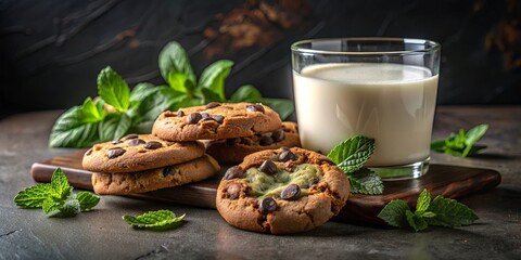 Aromatic mint and chocolate chip cookies, a perfect pairing for a glass of chilled milk
