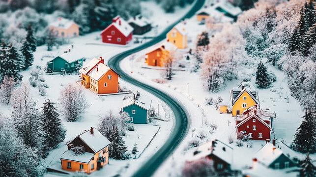 Asphalt winding road through countryside and village with colourful multi-coloured private houses aerial view. Winter landscape Dreamy fairytale scene