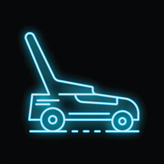 Neon lawn mower cutting grass icon glowing on black background