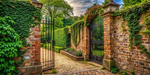 A Brick Wall Covered in Greenery Leads to an Open Gate, Revealing a Path that Winds Through a Lush Garden