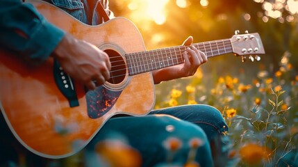 Obraz premium Acoustic Guitar in Sunlit Field