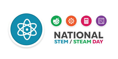 National Stem Day. Science icon, art, gear and more. Great for cards, banners, posters, social media and more. White background.