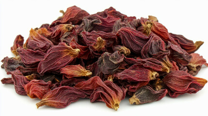 A handful of dried hibiscus flowers with their vibrant red color and crinkled texture, scattered on a white background