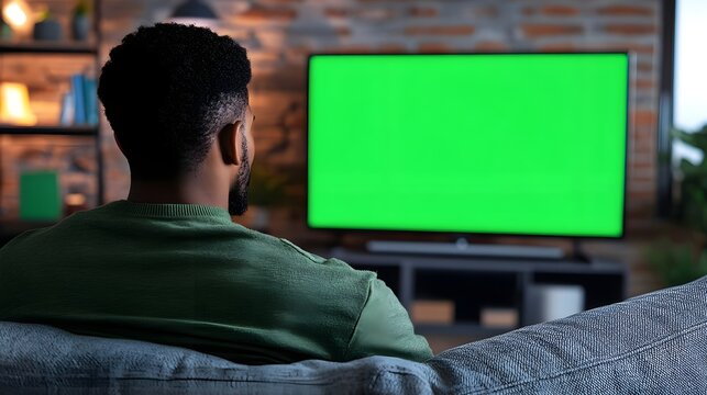 Black Man Watches Green Screen Mock-up TV Display with Chromakey While Sitting on a Couch at Home. Relaxed Male Streaming an Evening Movie. Over the Shoulder View. Modern Online Entertainment Concept