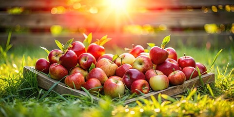 A wooden crate overflowing with ripe red apples, nestled in lush green grass with the sun shining through the leaves.