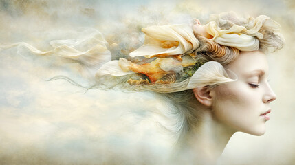 Surreal Artistic Portrait of Woman with Flowing Floral Hair in Dreamy Ethereal Landscape