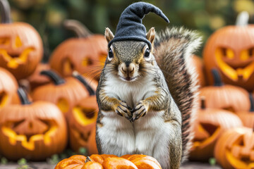 A cute squirrel in a witch hat stands among carved pumpkins, embodying the Halloween spirit.