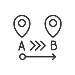 Route, in line design. Route, path, navigation, map, travel, destination, journey on white background vector. Route editable stroke icon