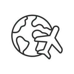 Globe and plane, in line design. Globe and plane, world travel, airplane, global travel, flight, earth, international travel on white background vector. Globe and plane editable stroke icon