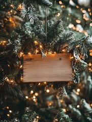 Rustic wooden sign surrounded by festive Christmas lights and greenery, perfect for holiday decoration and seasonal messages