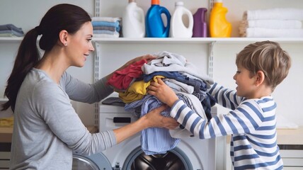 Mother and her son are loading clothes into a washing machine, promoting family togetherness and household chores