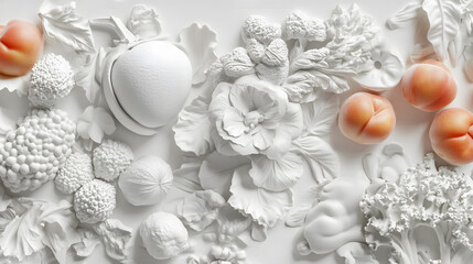 An Elegant and Luxurious Seamless Pattern of Luxurious Fruits and Vegetables with White Plaster Texture