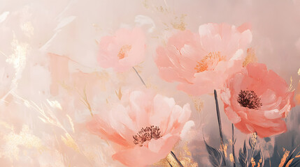 Elegant Light Pink and Gold Painting for Fancy Event Planning Salon Wallpaper with Minimalistic Flower Outlines