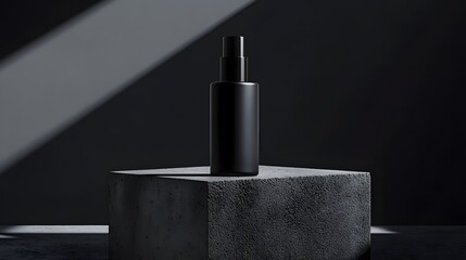 A sleek black spray bottle on a concrete pedestal, illuminated by dramatic lighting.