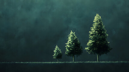 A Captivating Digital Painting of Three Trees Lined Up by Height Against a Dark Green Background