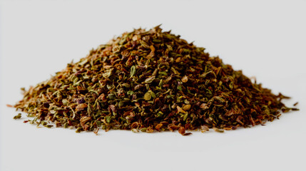 A pile of dried marjoram leaves with their delicate, crumbled texture, arranged on a white background